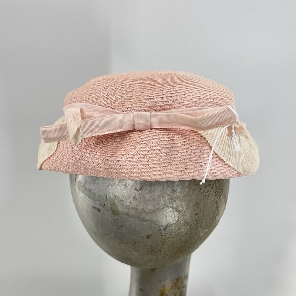 Vtg Pink Woven Straw Wide Brim Sun Hat Grosgrain Ribbon Bow Garden Tea Party main image 6